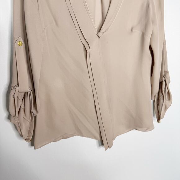 Parker XSmall XS Light Brown Beige Silk Split V Neck Blouse Roll Tab Sleeves - Picture 4 of 11
